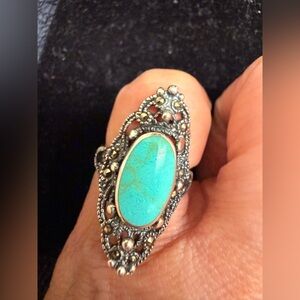 925 Silver Marcasite and Turquoise Ring, Statement Ring, Boho Rings, Stones NBW